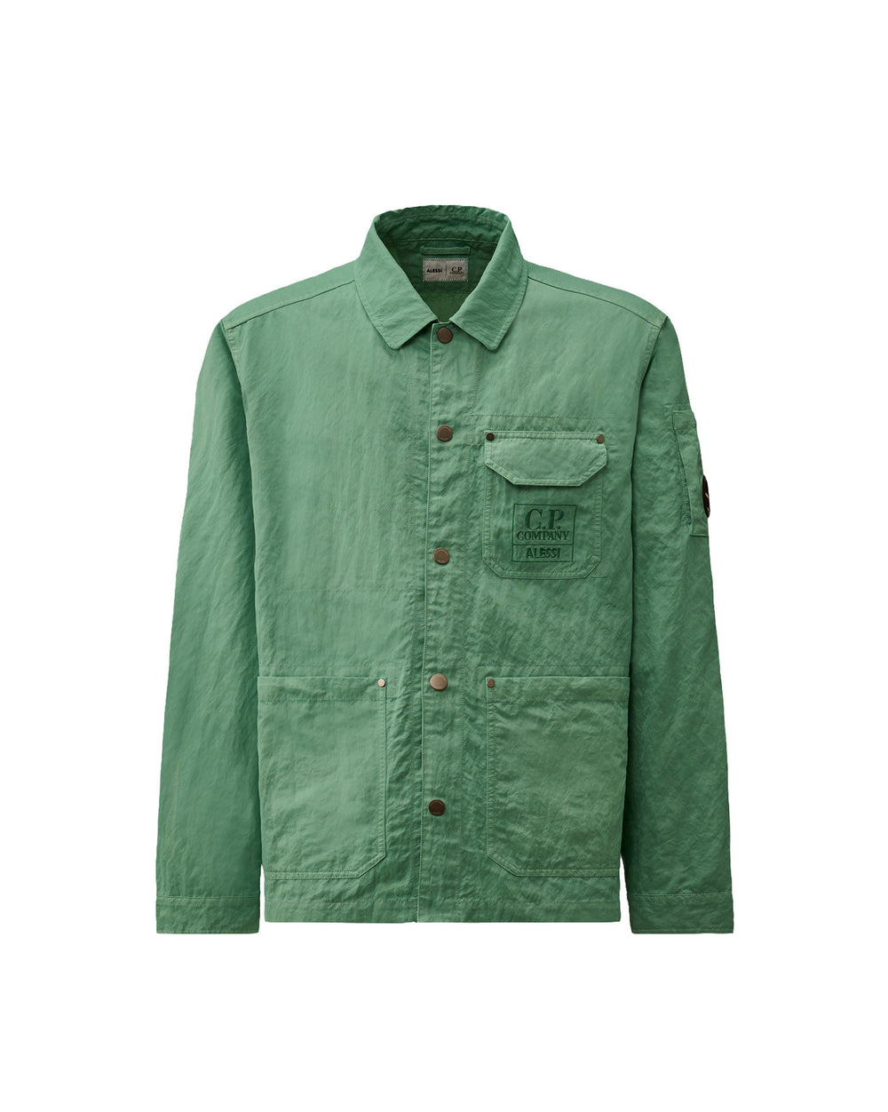 Green crinkled jacket by Alessi with a chest pocket featuring C.P. Company and Alessi embroidery, and a sleeve lens.