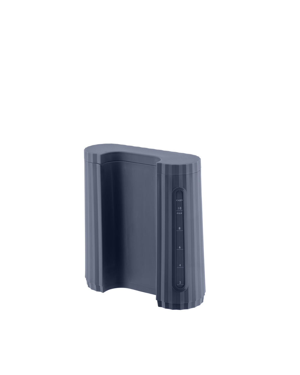Blue-grey ribbed water reservoir by Alessi, with a cup measurement scale from 2 to 10.