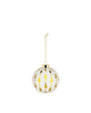 White and gold Christmas tree ornament by Alessi, with gold teardrop and star patterns, hanging from a gold chain.
