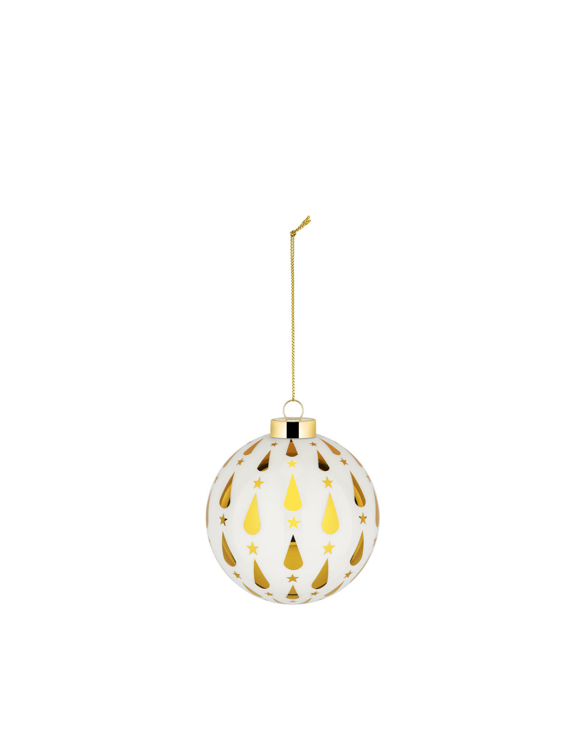 White and gold Christmas tree ornament by Alessi, with gold teardrop and star patterns, hanging from a gold chain.