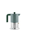 Green and silver espresso coffee maker by Alessi with a ribbed metal base and dark green handle.