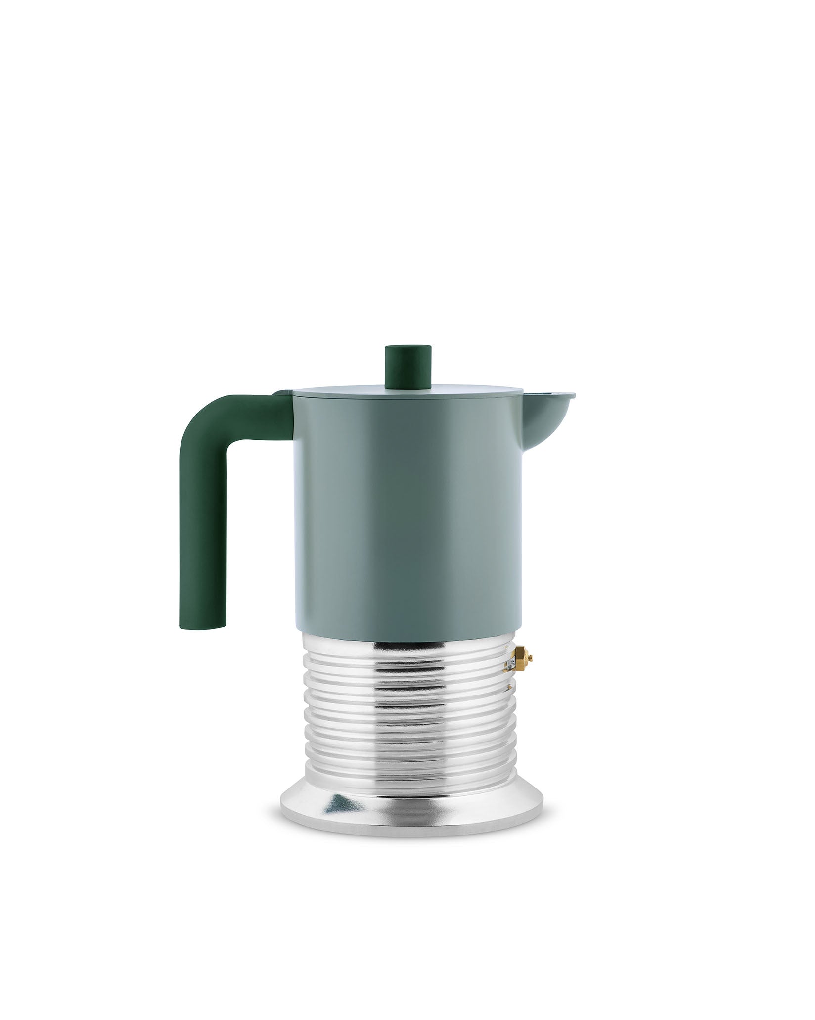 Green and silver espresso coffee maker by Alessi with a ribbed metal base and dark green handle.