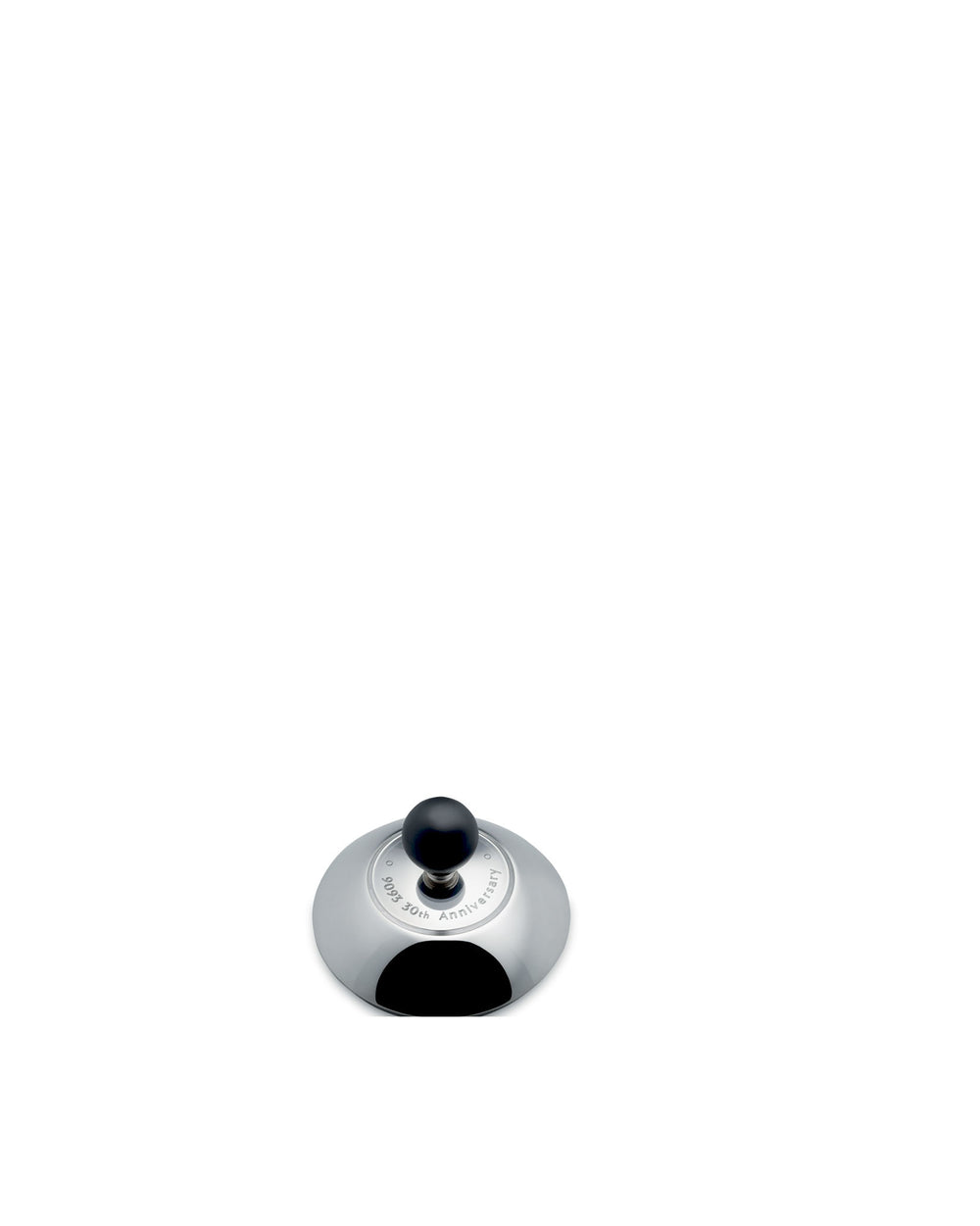 Domed chrome spare part with a black knob by Alessi, etched "2003 30th Anniversary".