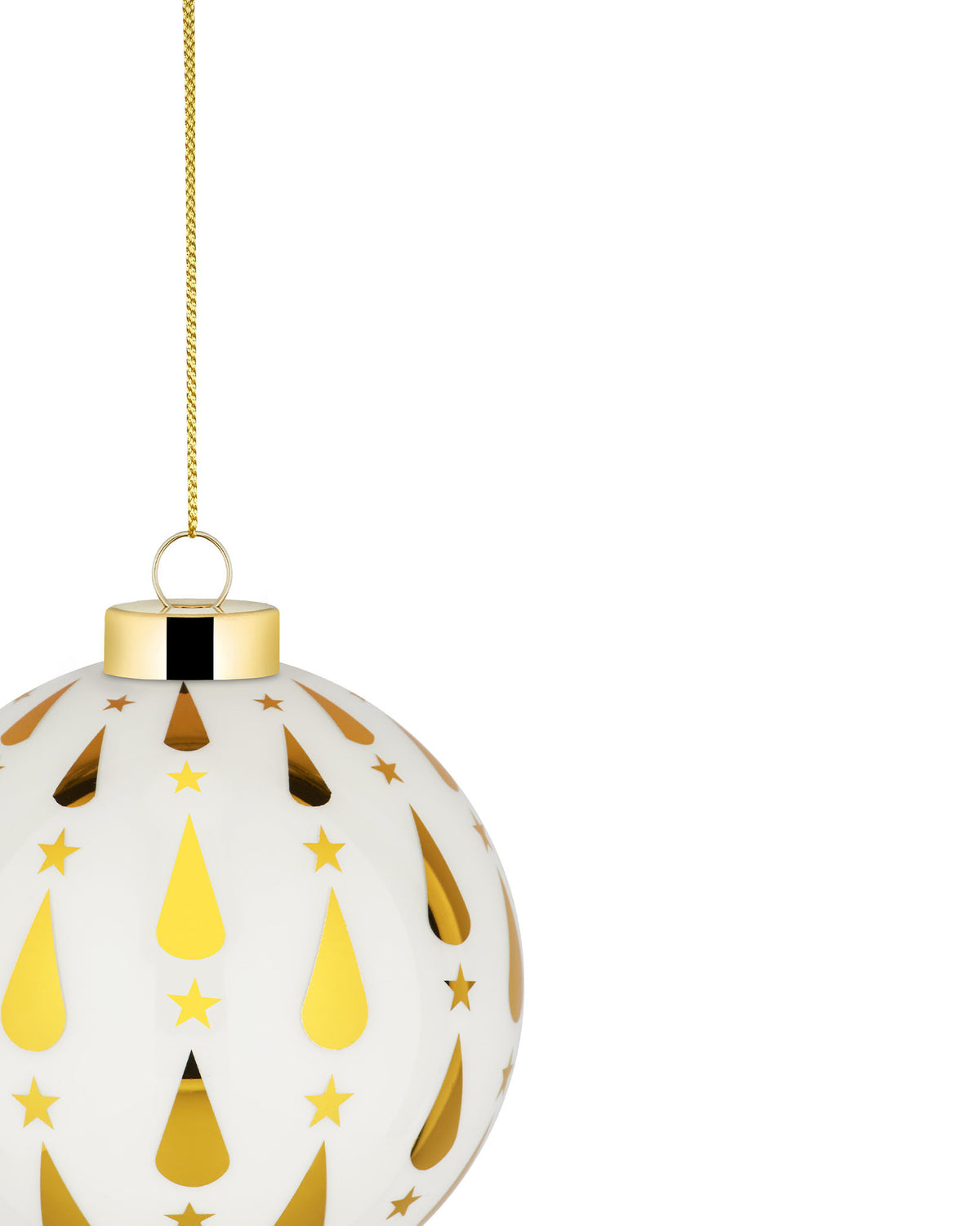 White and gold Christmas tree ornament by Alessi, decorated with alternating gold teardrops and stars, hanging on a gold chain.