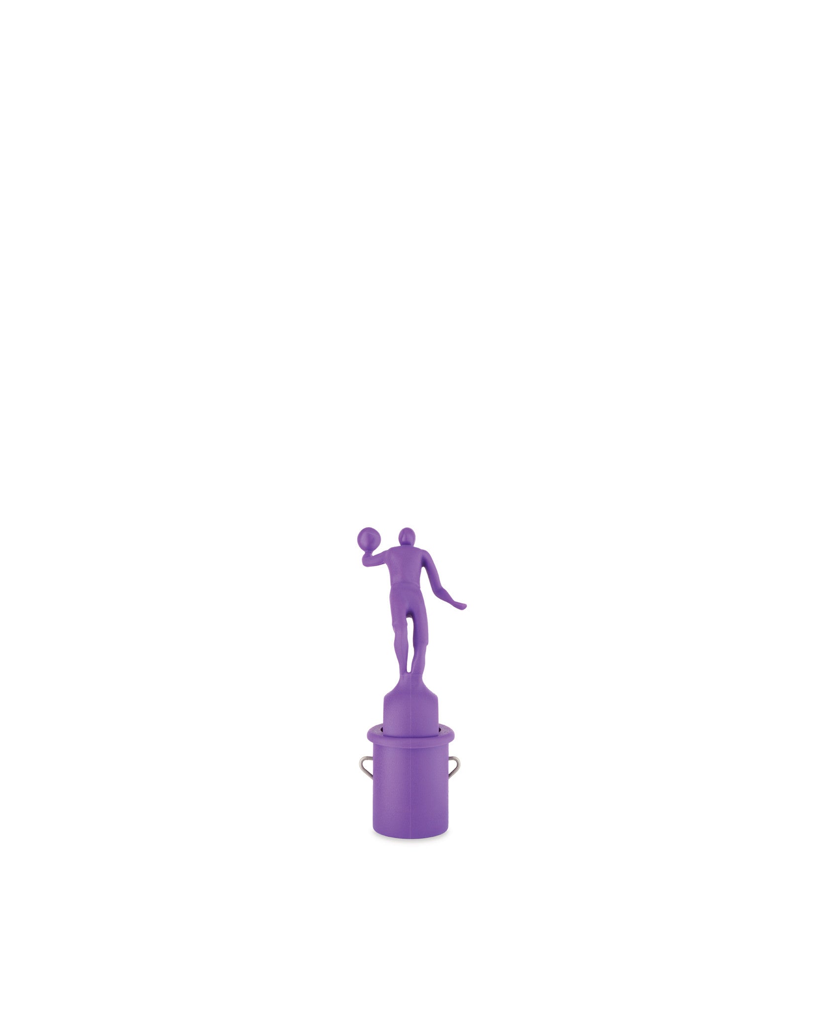 A purple basketball player figurine by Alessi, standing on a matching cylindrical base with two small rings.