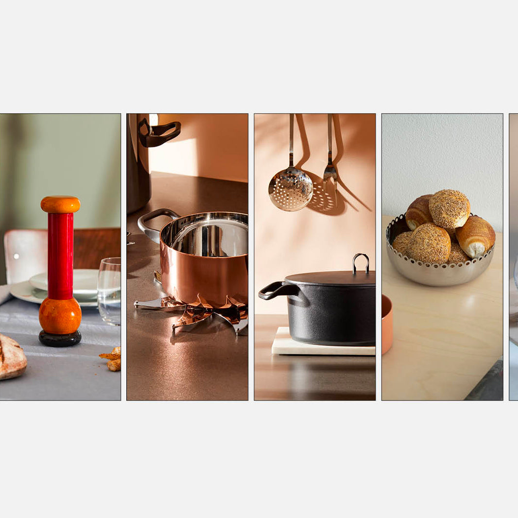 Four kitchen scenes: red pepper mill, copper pot, hanging utensils, sesame rolls in metal bowl. Warm lighting, modern cookware.