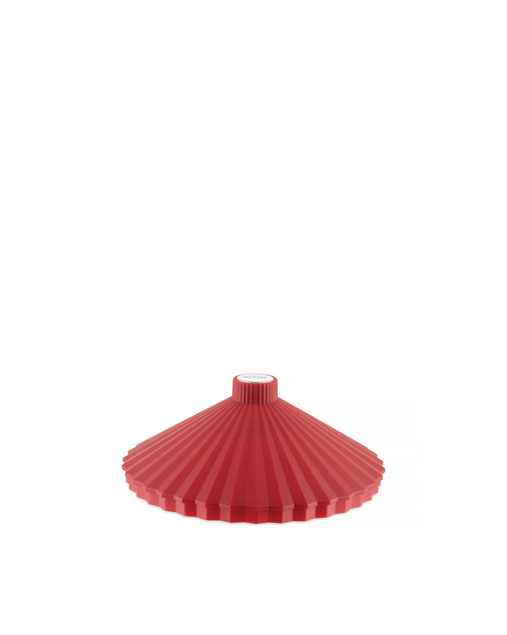 Red ribbed cover by Alessi with a white logo on its raised center.