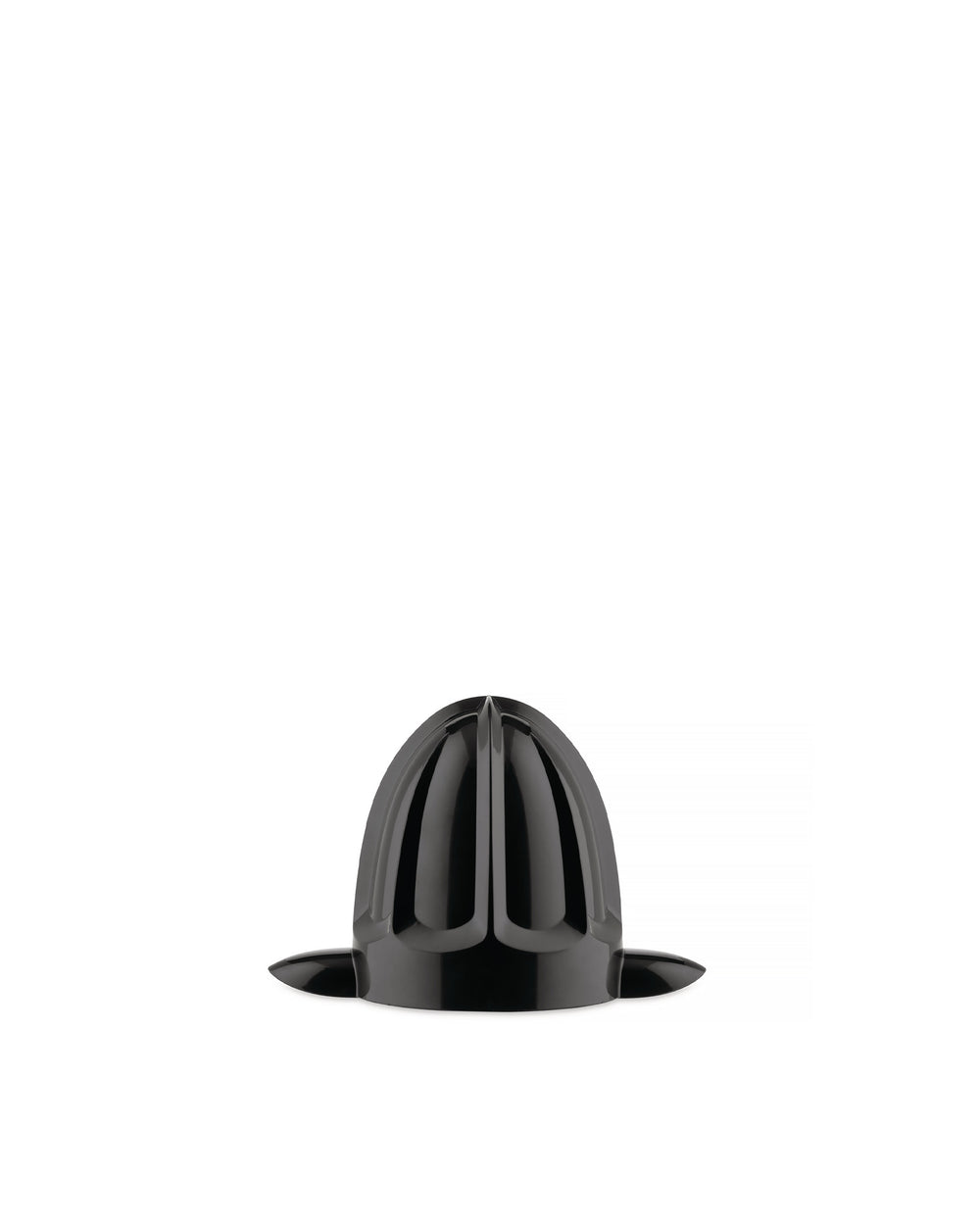 Black juicer cone by Alessi, with a ridged design, isolated on a white background.