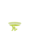 Light green stopper spare part by Alessi with a small humanoid figure hanging underneath.