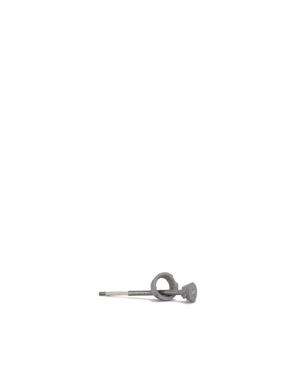 Gray metal grinder spare part by Alessi, with a ribbed disc and ring on a threaded shaft, side view.