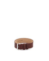 Brown genuine leather strap by Alessi, featuring a silver-tone buckle and two keepers, with "GENUINE LEATHER" stamped on the tan interior.
