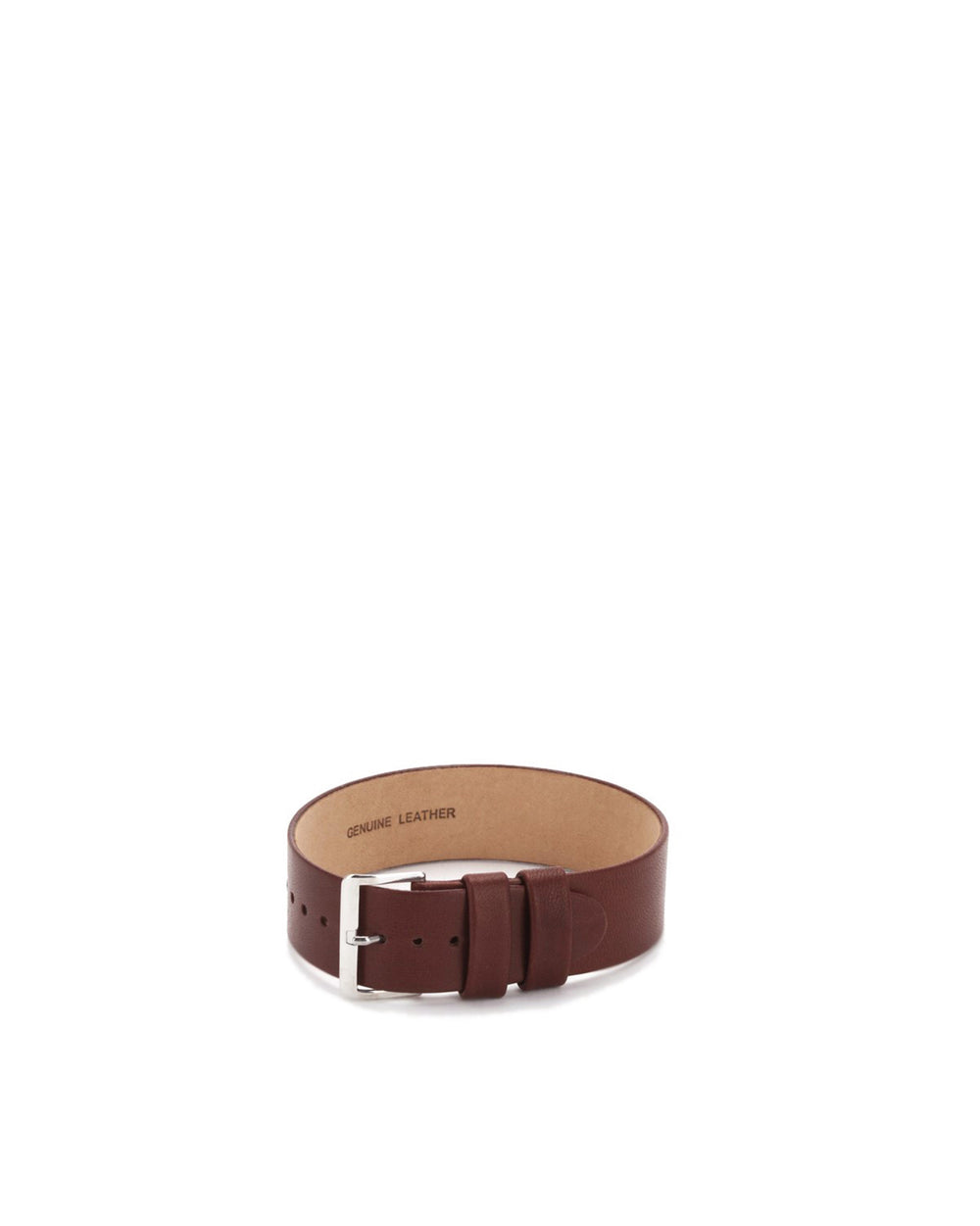 Brown genuine leather strap by Alessi, featuring a silver-tone buckle and two keepers, with "GENUINE LEATHER" stamped on the tan interior.