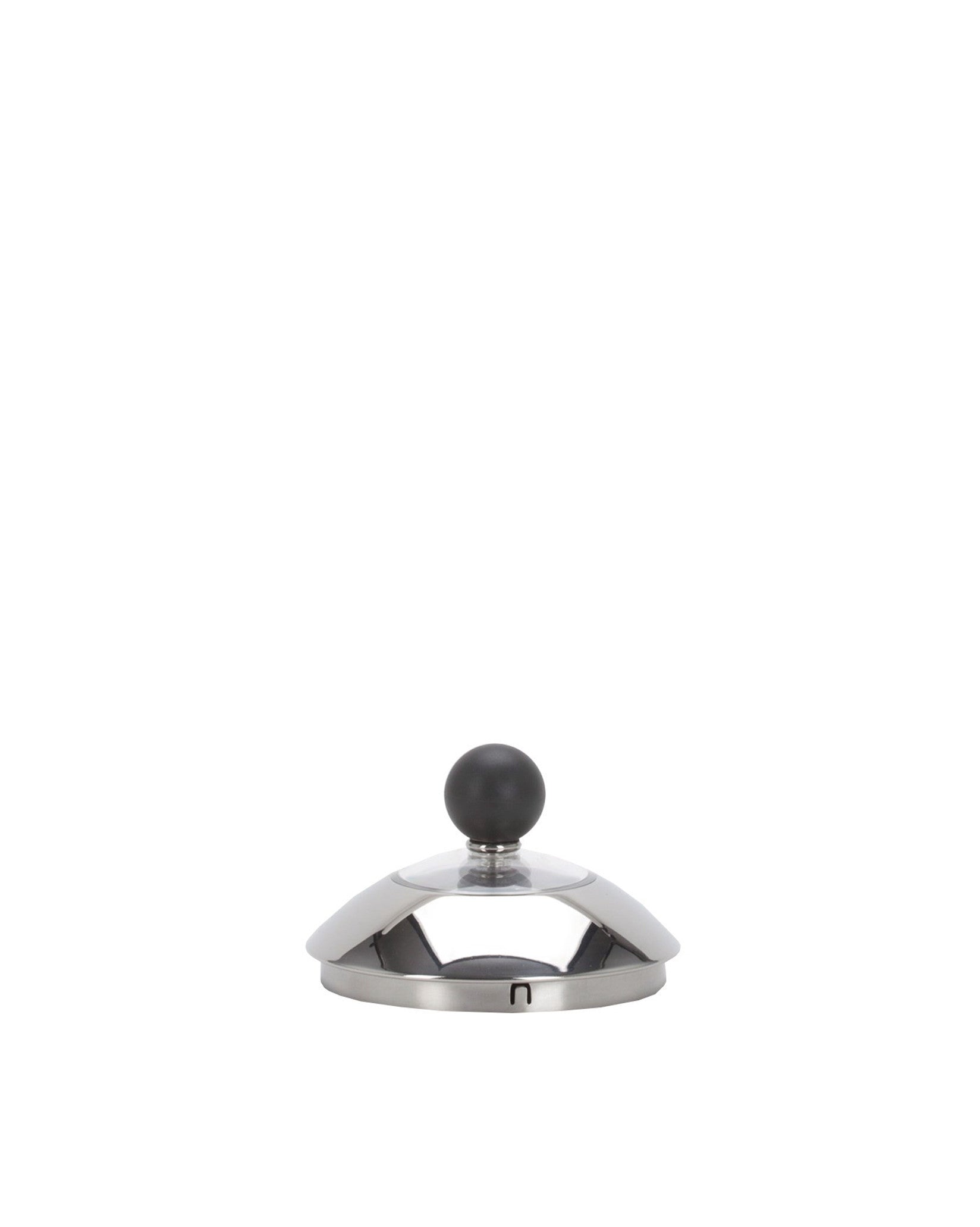 Shiny silver metallic spare part lid with a dark spherical knob by Alessi, and a U-shaped cut-out on the rim.