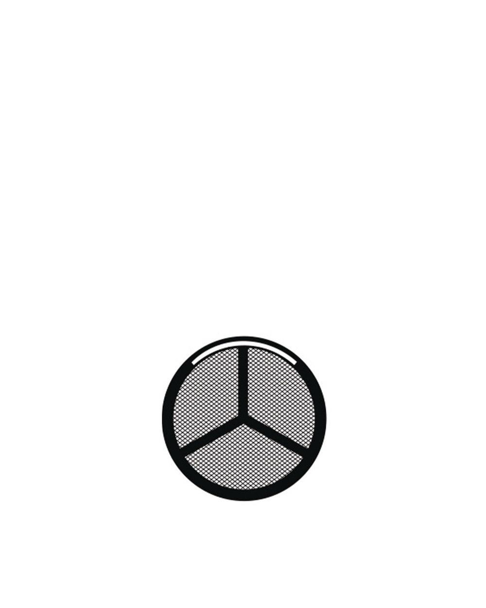 Black mesh filter by Alessi, circular, divided into three mesh-filled sections.
