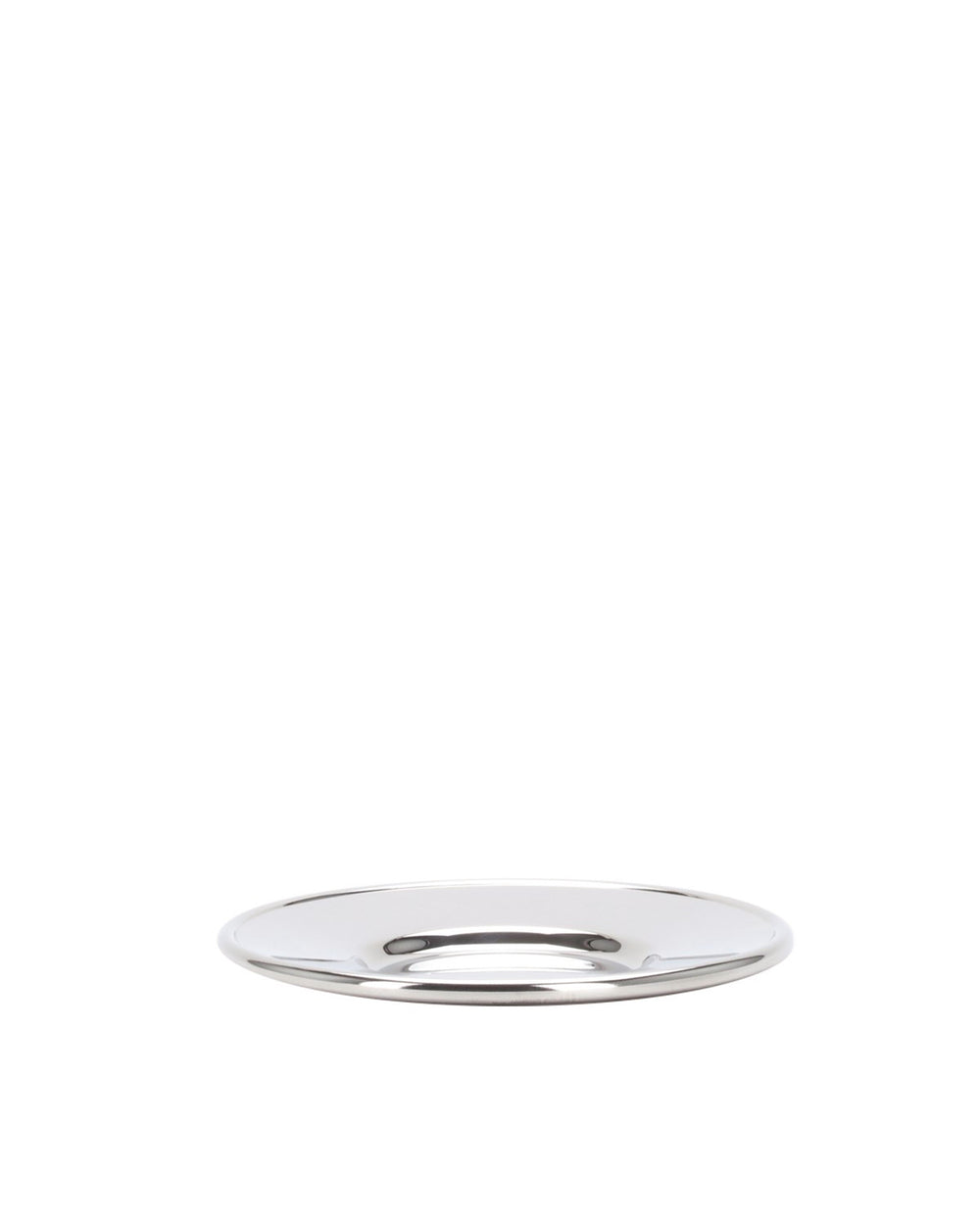 Polished silver-tone metal disc by Alessi, shallow and round, with a highly reflective surface.
