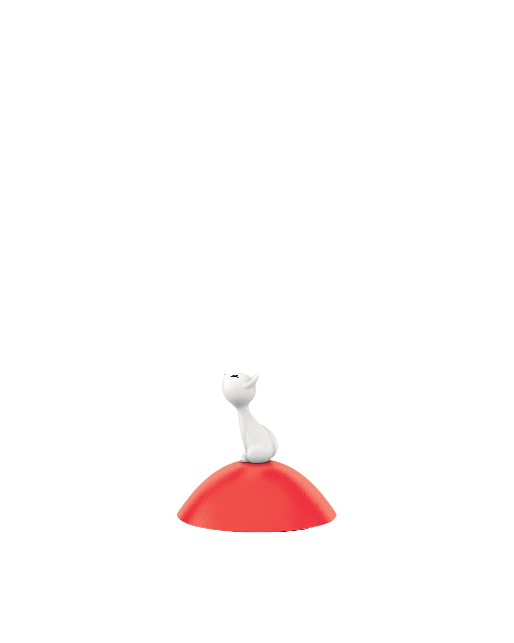Spare part by Alessi, a white cat figurine sitting on a red dome-shaped base.