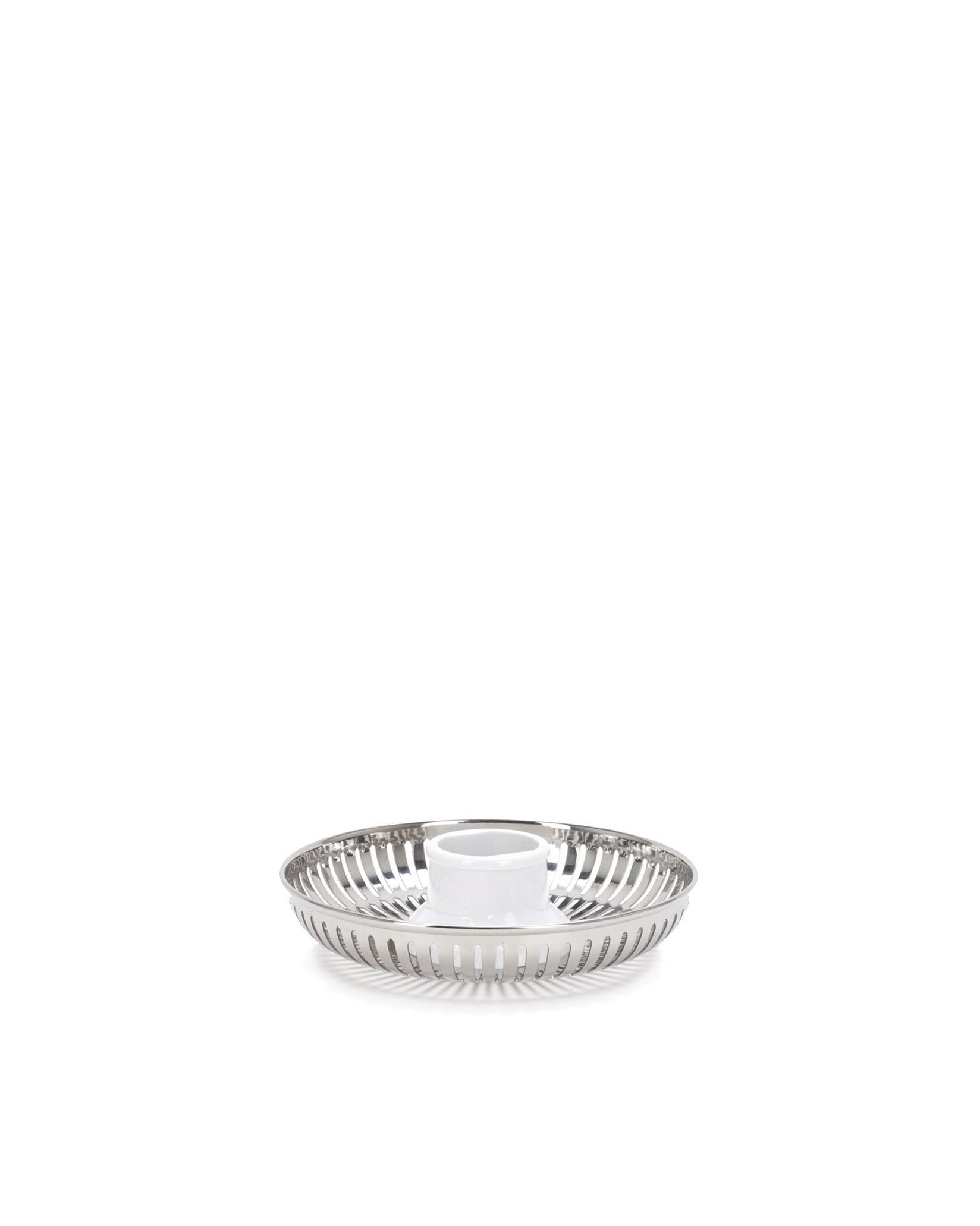 Round silver-toned perforated metal spare part by Alessi with a central white ceramic insert.