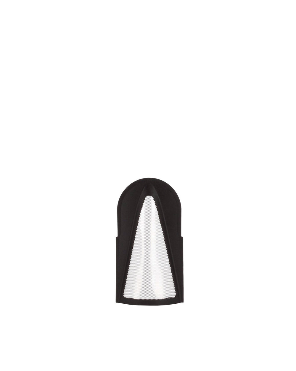 Black U-shaped filter spare part by Alessi with a white triangular mesh insert.