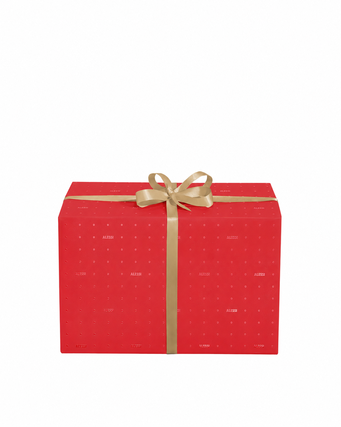 Red, black, and beige patterned gift wrapping by Alessi, with visible logos and a gold ribbon bow.