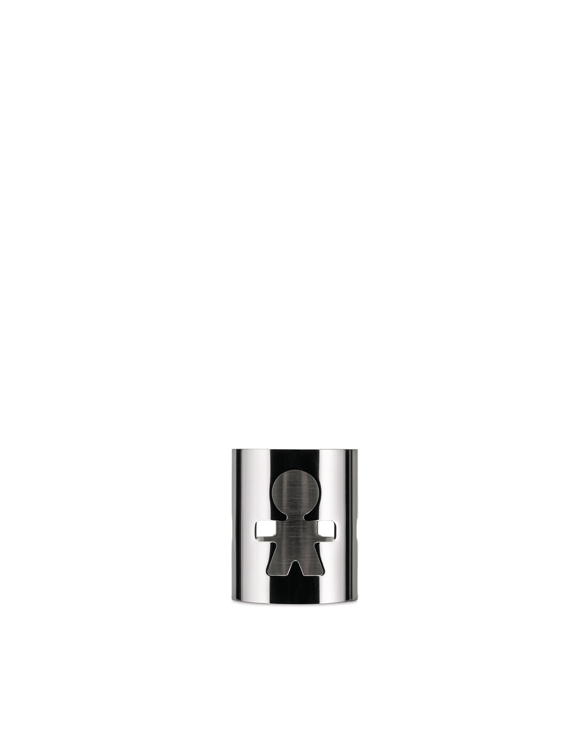 Polished silver-toned metal ring by Alessi featuring a cutout figure of a boy.