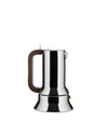 Stainless steel coffee maker by Alessi with a brown handle and modern design, shown from a side view.