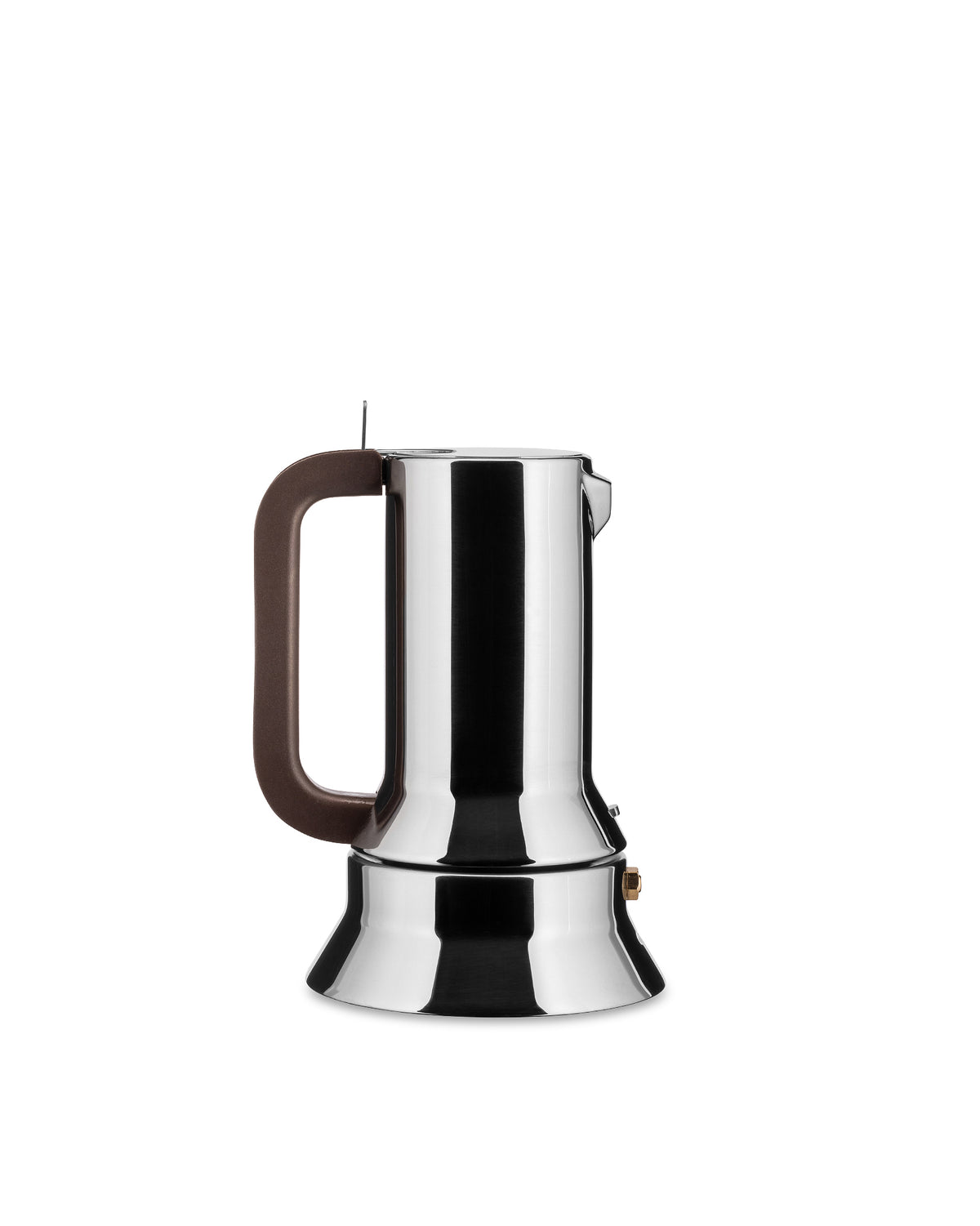 Stainless steel coffee maker by Alessi with a brown handle and modern design, shown from a side view.