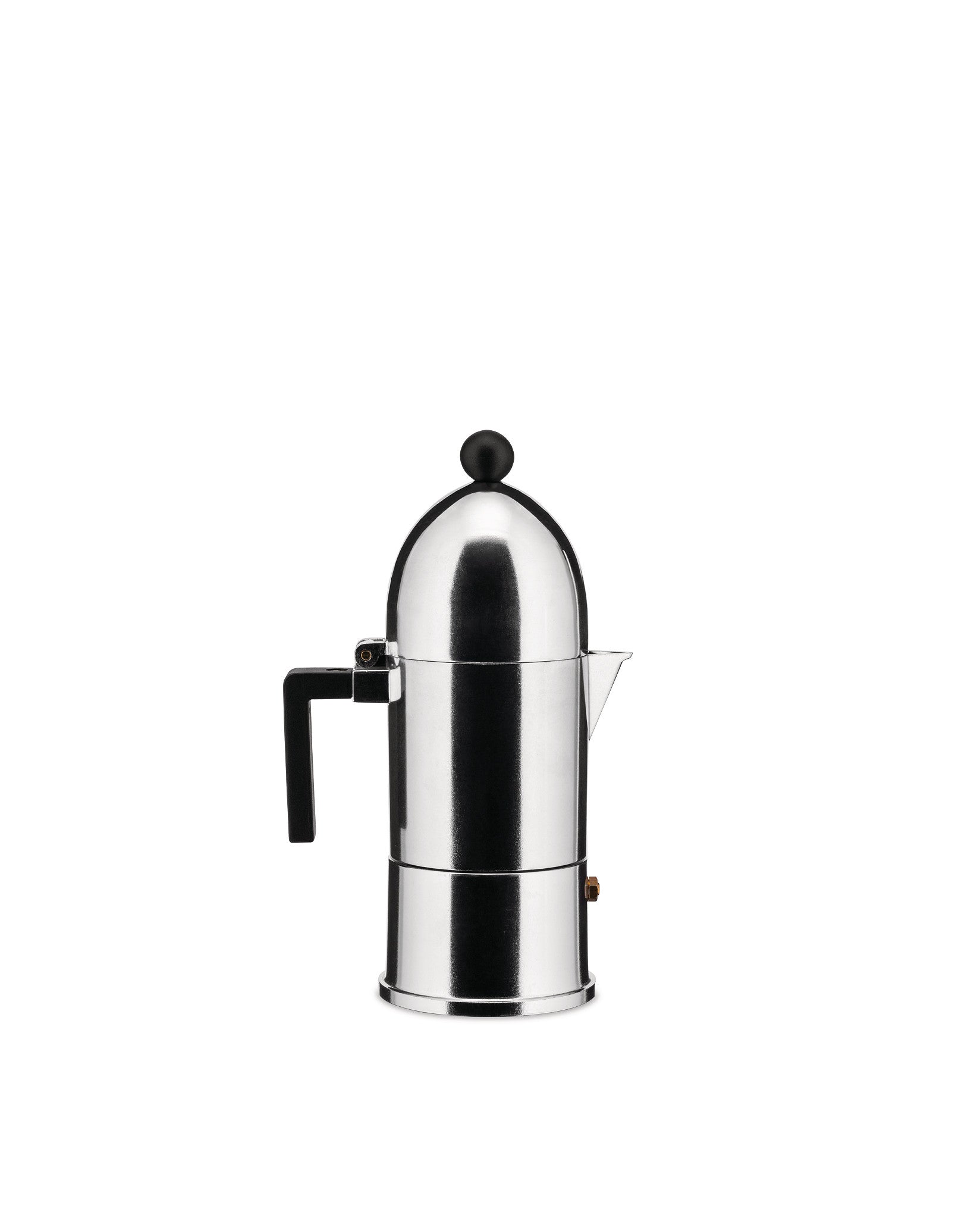 La cupola ESPRESSO COFFEE MAKER, entworfen von Aldo Rossi für Alessi. Diese Caffettiera ist ein italienischer Design-Klassiker, der auf der originalen Moka-Kanne für die Zubereitung von Espresso basiert. Zeitgenössisch und unverwechselbar mit seiner Kuppel und dem kugelförmigen Körper aus poliertem Aluminium