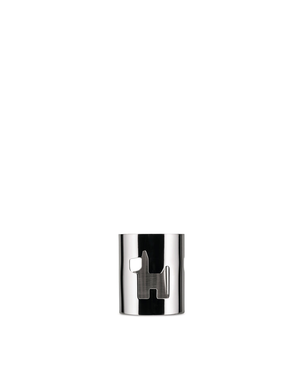 Shiny metal napkin ring by Alessi with a playful dog cutout design.