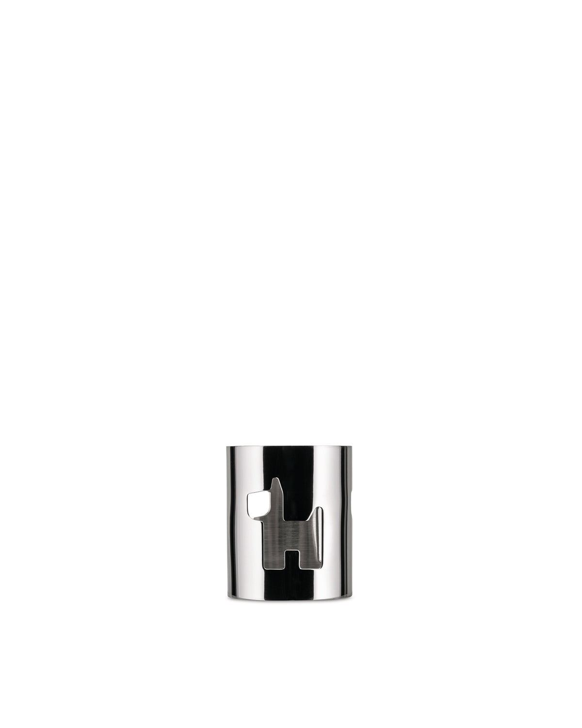 Shiny metal napkin ring by Alessi with a playful dog cutout design.