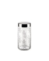 Clear glass storage jar with a shiny silver lid by Alessi, featuring a frosted "little man" pattern.