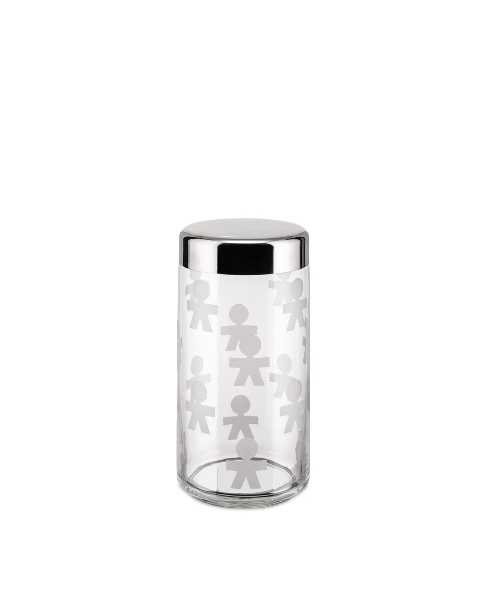 Clear glass storage jar with a shiny silver lid by Alessi, featuring a frosted "little man" pattern.