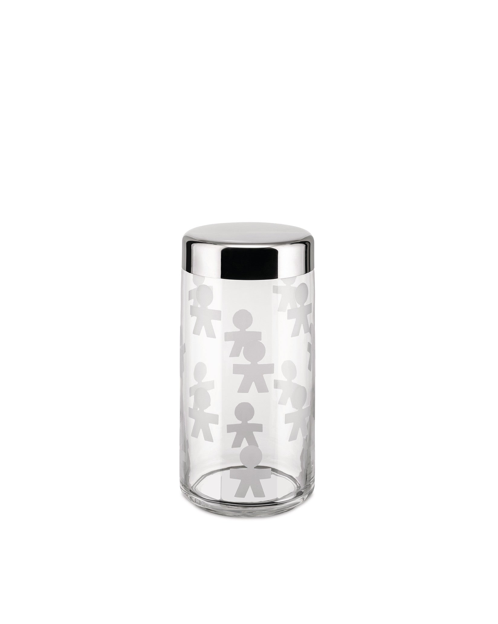 Clear glass storage jar with a shiny silver lid by Alessi, featuring a frosted "little man" pattern.