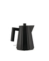 Black pleated electric kettle by Alessi with vertical fluted design and handle.