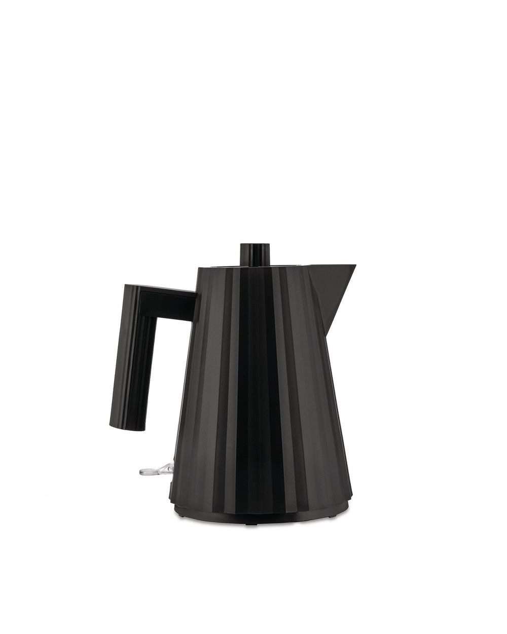 Black pleated electric kettle by Alessi with vertical fluted design and handle.