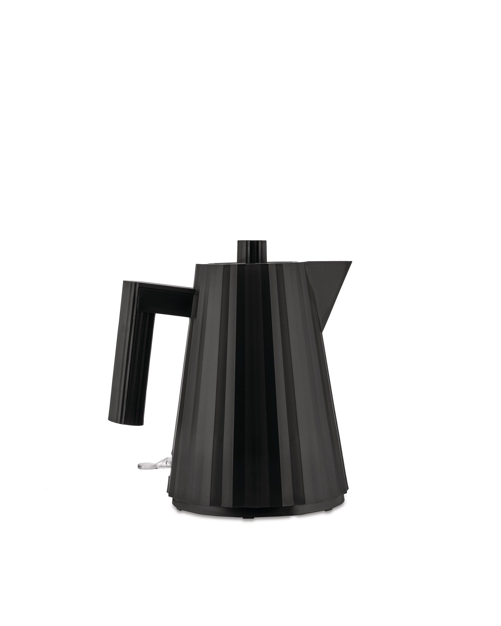 Black pleated electric kettle by Alessi with vertical fluted design and handle.