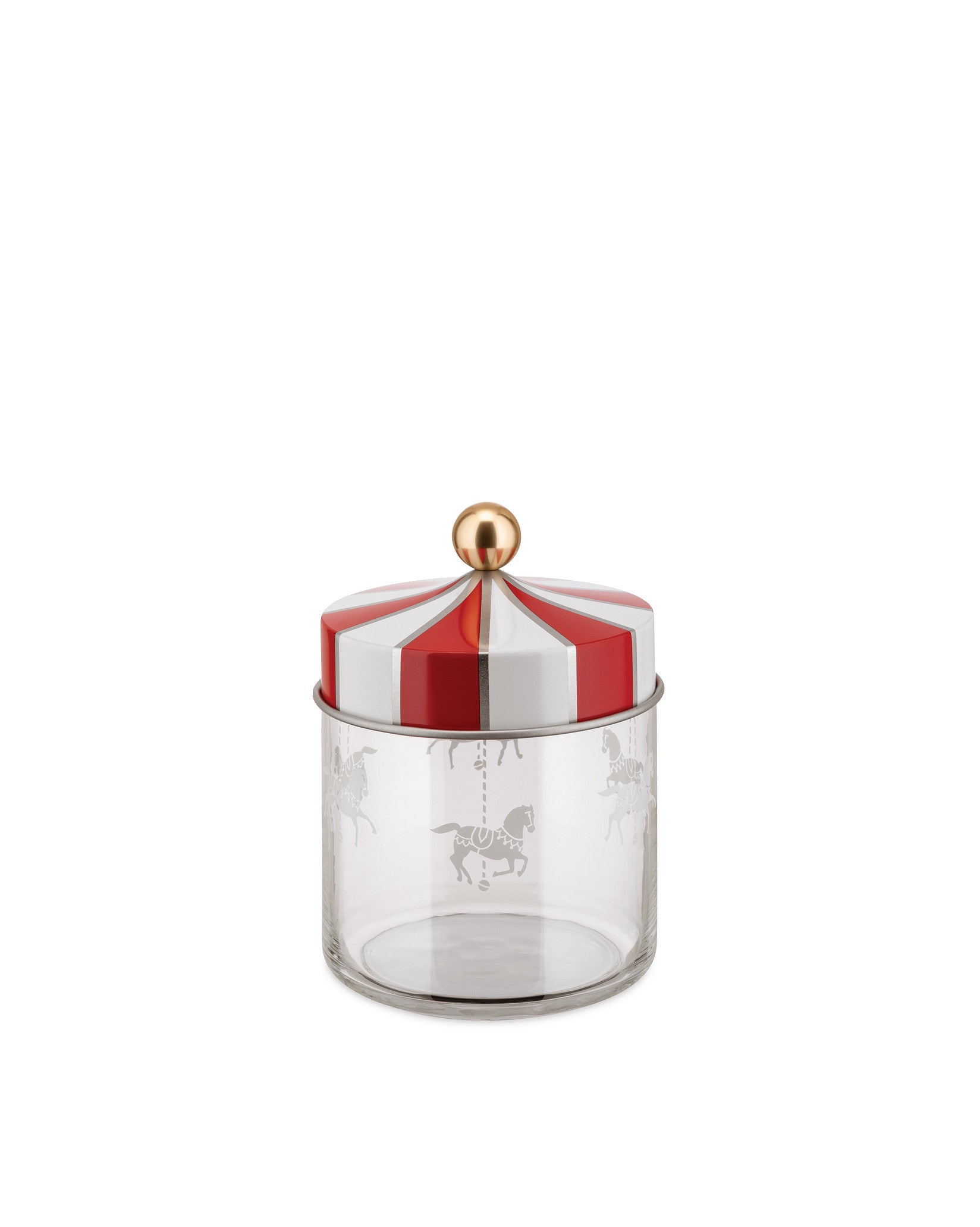 Clear glass jar with a red and white striped lid by Alessi, featuring a gold knob and etched carousel horse designs.
